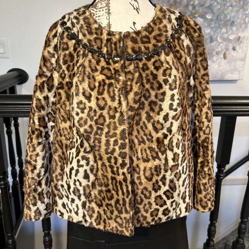 Victor Alfaro Sz 12P Faux Leopard Fur 3/4 Sleeve‎ Cropped Jeweled Neck Lined